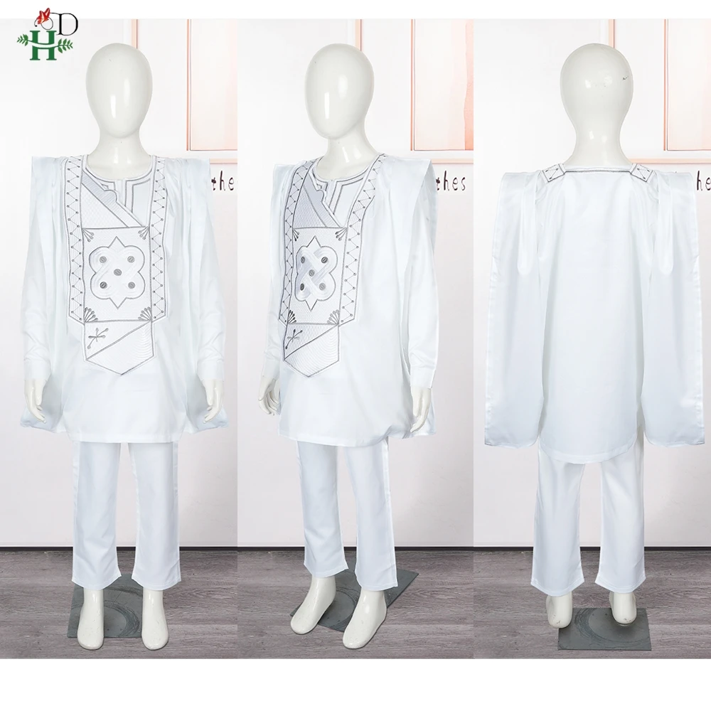 H&D 2025 African Tradition Clothes For Kids Boys White Blue Long Sleeve Tops Embroidery Dashiki Robe Shirt Pant Child Set 3 PCS