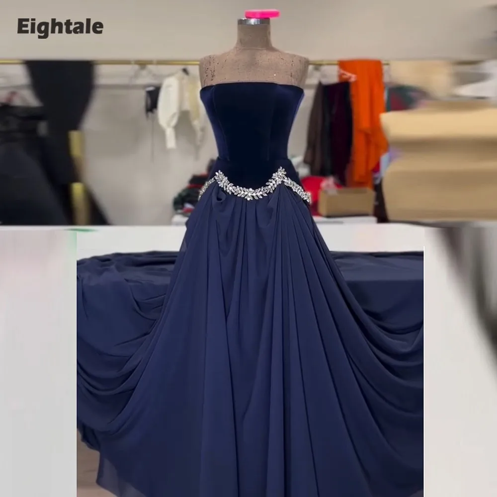 

Eightale Arabic Evening Dress Strapless Customized A-Line Navy Blue Chiffon Velvet Top Celebrity Prom Wedding Party Gown