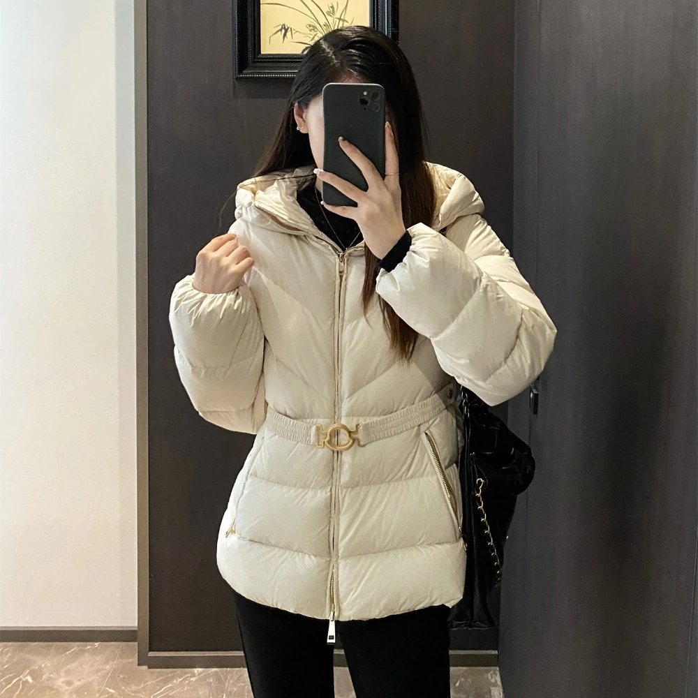 

New Waist-closing Slim Belt White Duck Down Coat Female Fashion Hooded Thick Warm Puffer Jacket Women Autumn Winter Clothing