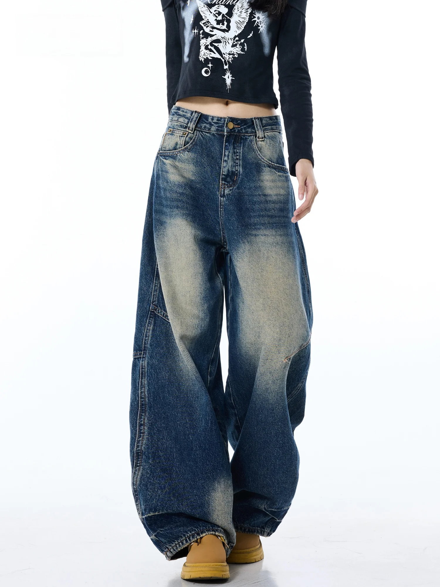 Washed American Retro Knife  Denim Pants High Street Loose Wide Leg Deconstructed Floor Length Trousers for Women