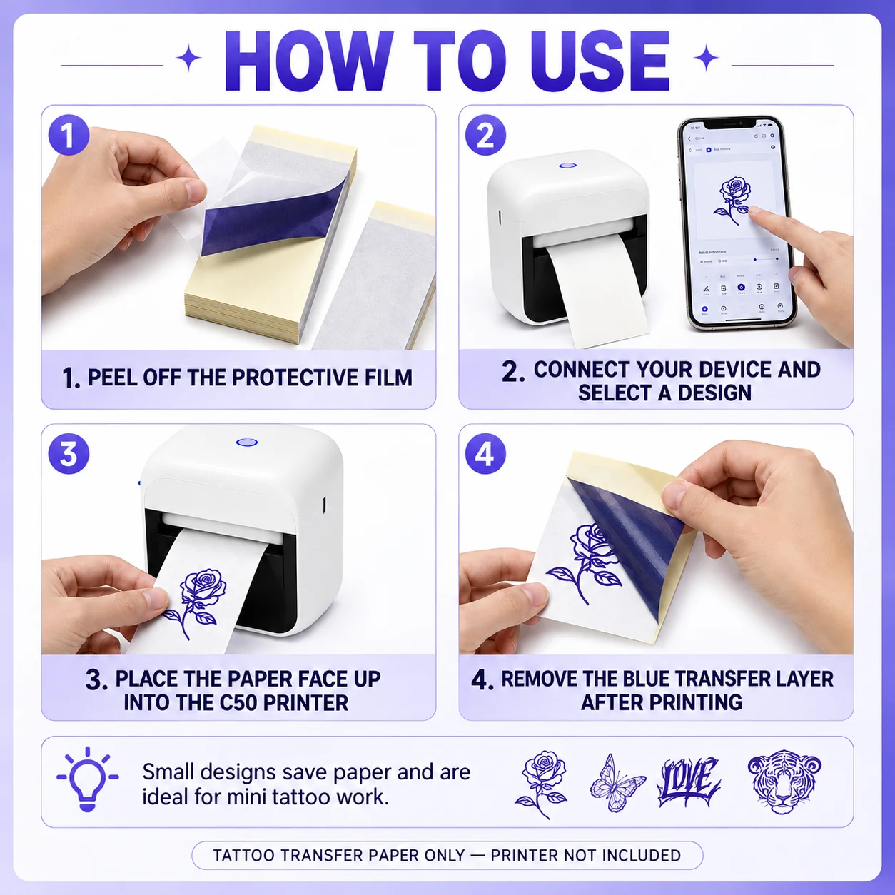 Thermal Tattoo Stencil Transfer Paper 50x130mm Sheet Compatible for Mini Portable Thermal Tattoo Printer Copier Tool