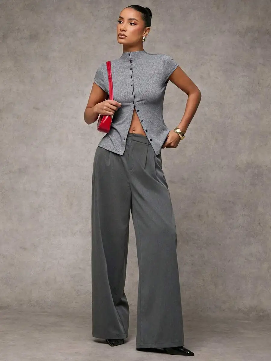 

BAE Women's Gray Mock Neck Button-Up Top with Capped Sleeves, Casual Knit Jersey Shirt