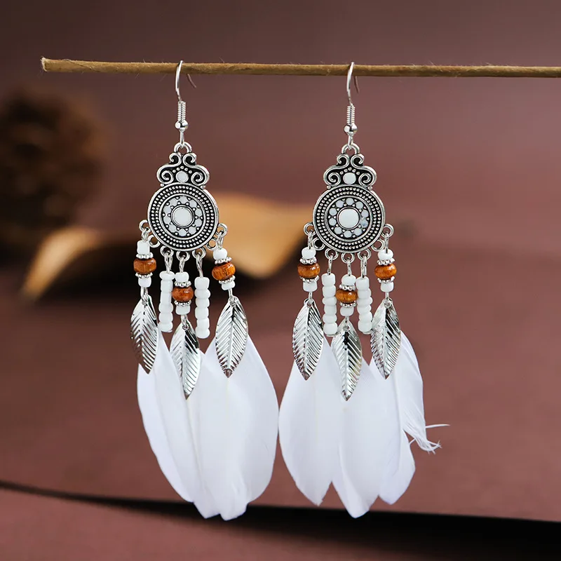 Bohemian Vintage Lange Weiße Feder Ohrringe für Frauen Ethnische Temperament Gold Farbe Kette Quaste Ohrringe Boho Hochzeit Schmuck – Detail 7