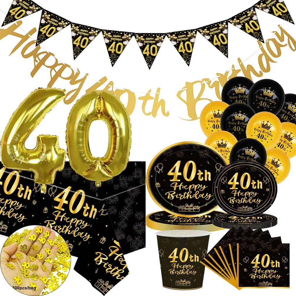 Happy Birthday 40 Year Old Disposable Tableware Black Gold Plate Tablecloth Banner For 40th Birthday Party Decorations  Supplies