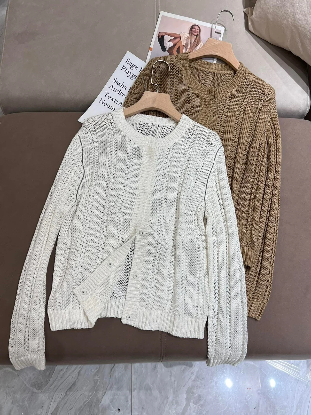 Cardigan en lin léger pour femme, haut fin, manches longues, pull creux, vêtements féminins, été B * C