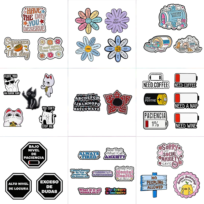 2-7pcs/set Satirical Middle Finger Cat Cannibal Flower Enamel Pins Spanish PACIENCIA Low Battery Brooch Lapel Badge Jewelry Gift