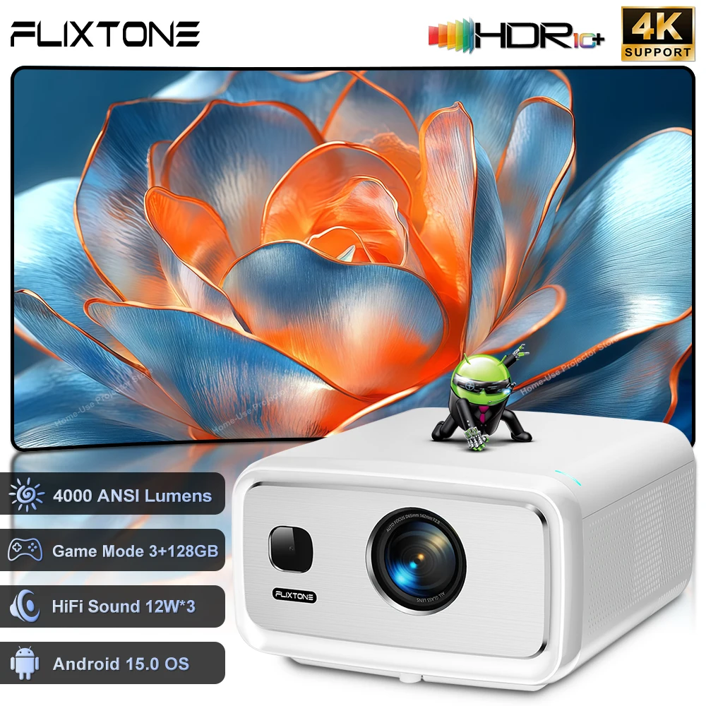 FlixTone D10S 4000 ANSI Full HD 1080P Projector For Movies, Android 15 WiFi 6 Beam Projector For Home Cinema, Outdoor Projectors
