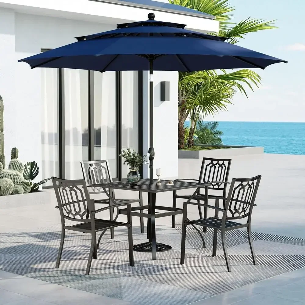 Navy Blue Patio Dining Set with 4 Stackable Chairs, Square Metal Table, and 10ft Umbrella (Base Not Included)