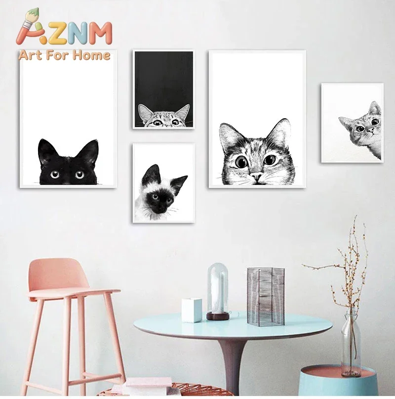 1pc Frameless Funny Kitty Cat Black White Kids Nordic Posters And Prints Wall Art Canvas Painting Wall Pictures For Living Room