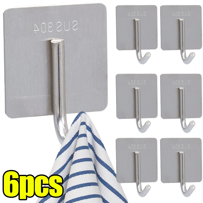 

1/6PCS Stainless Steel Towel Hooks Waterproof Self Adhesive Hanging Holder Keys Bag Wall Hanger Bathroom Kitchen Organizer Hook