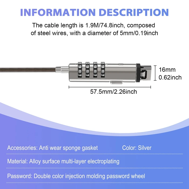 Imagem -06 - Universal Segurança Bloqueio para Laptop Digital Cabo Usb