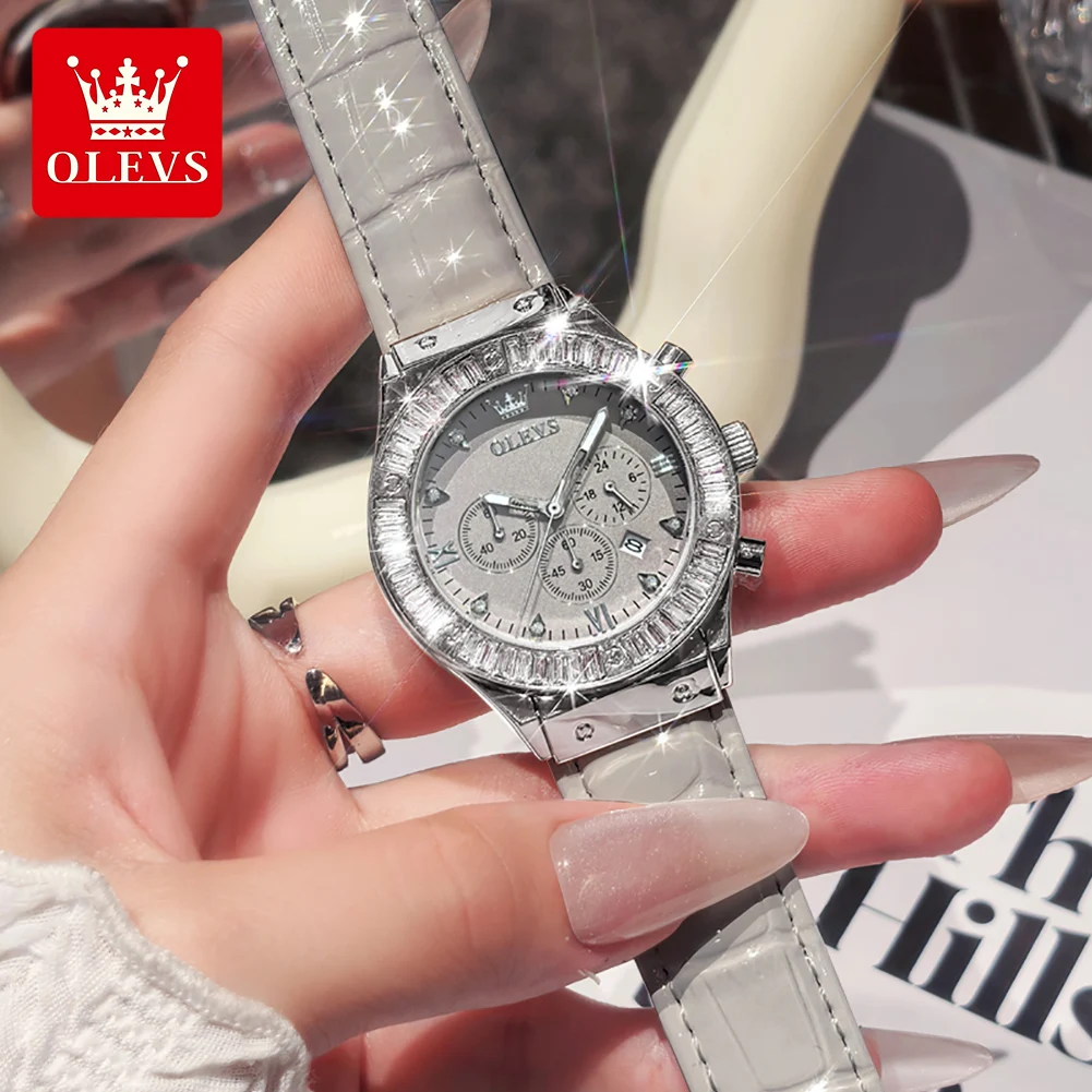 OLEVS Brand Fashion Chronograph Quartz Watch for Women Leather Strap Waterproof Luminous Calendar Luxury Crystal Watches Womens