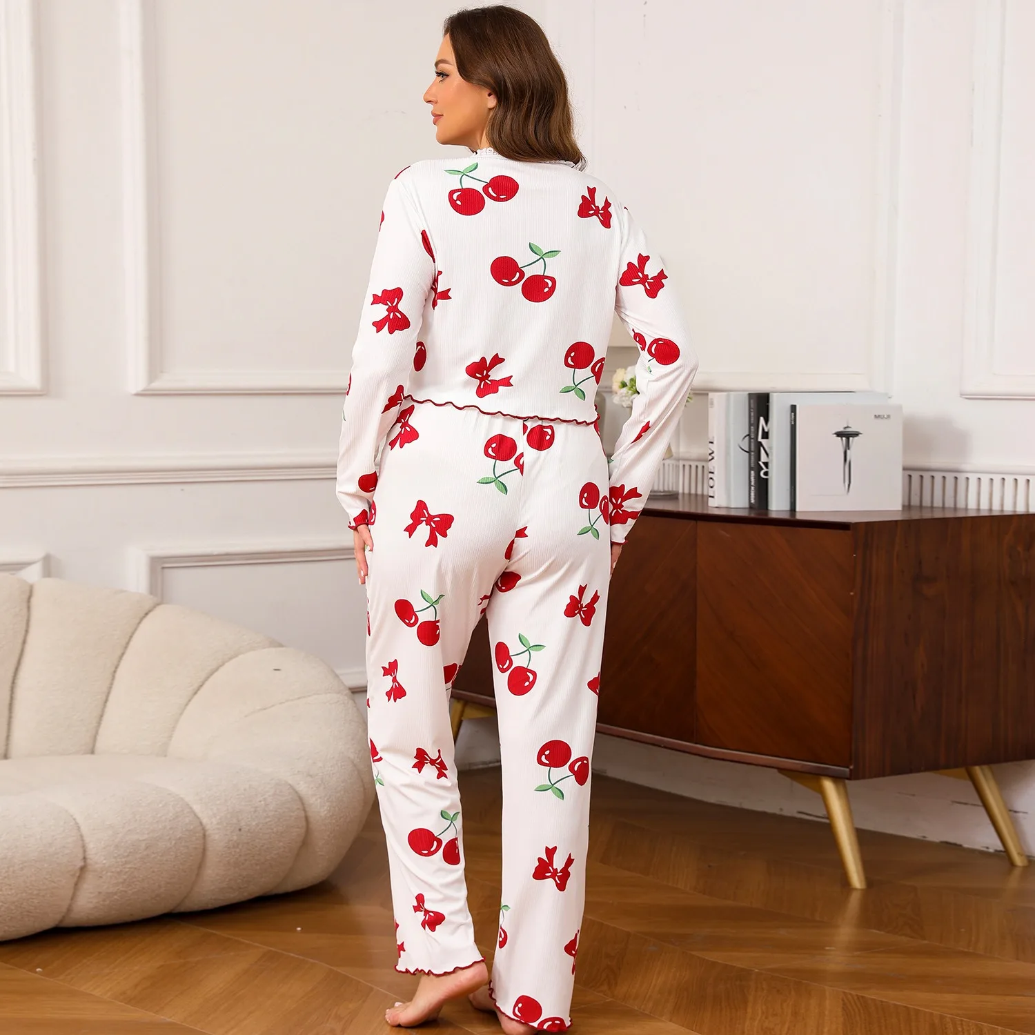 Women's Long Sve Bow Tie Suit Set with Long Pants Home Wear Comfortable Breathable Summer Outfit Thiened Foreign Trade