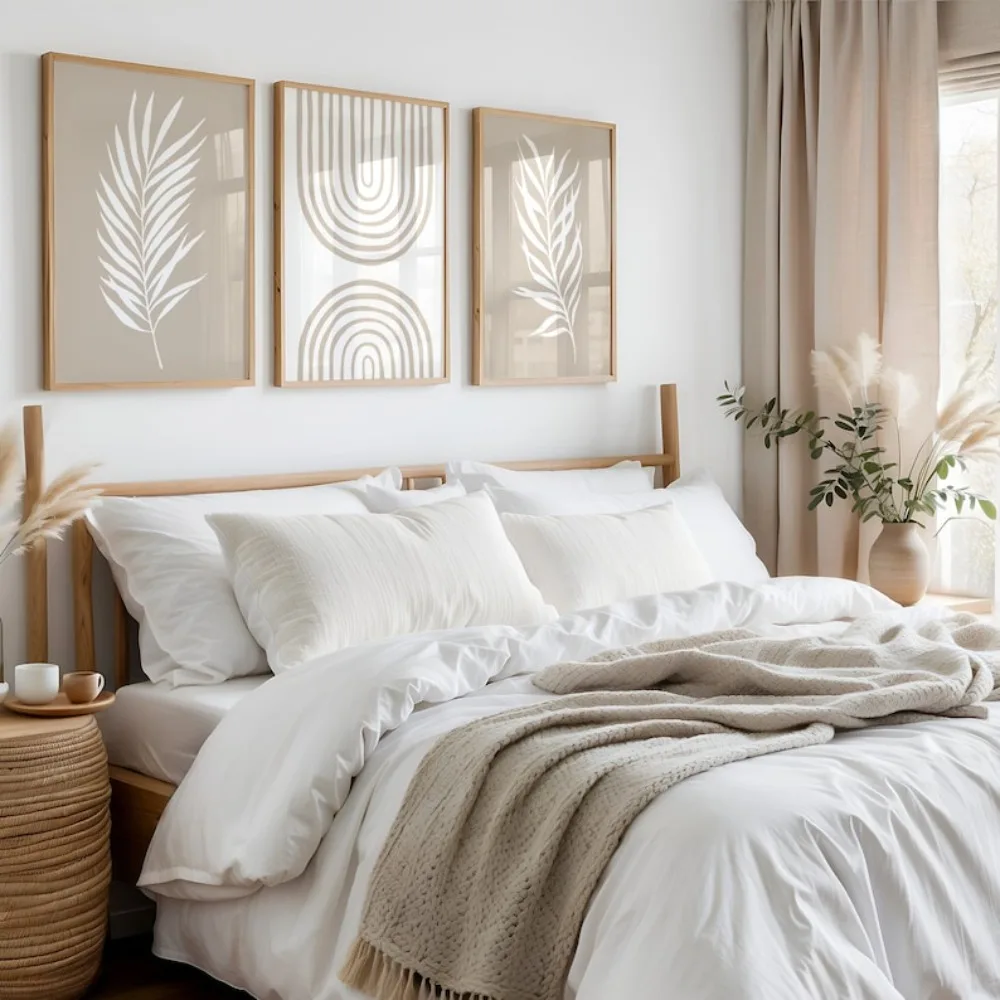 3PCS frameless   Beige Bohemian Printing, Palm Leaves, Abstract Rainbow Wall Art,Simple Abstract Art Decor,Living Room Bedroom D