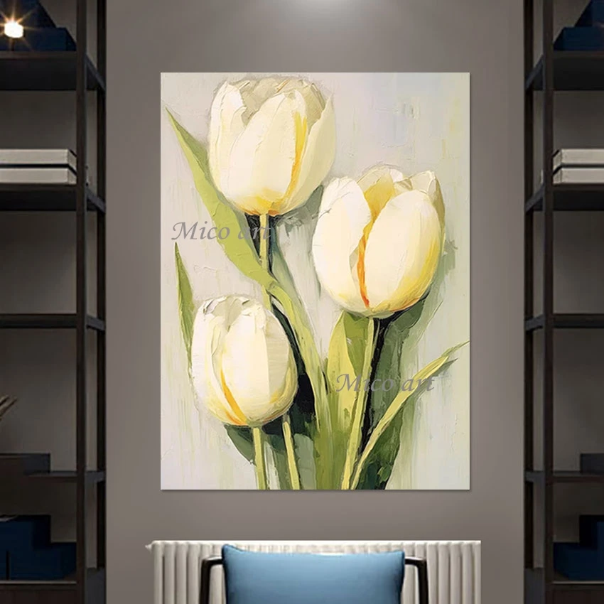 

3D Beautiful Handmade Tulip Canvas Abstract Picture Frameless Acrylic Wall Art Large Flower Oil Paintings Simple Design Artwork