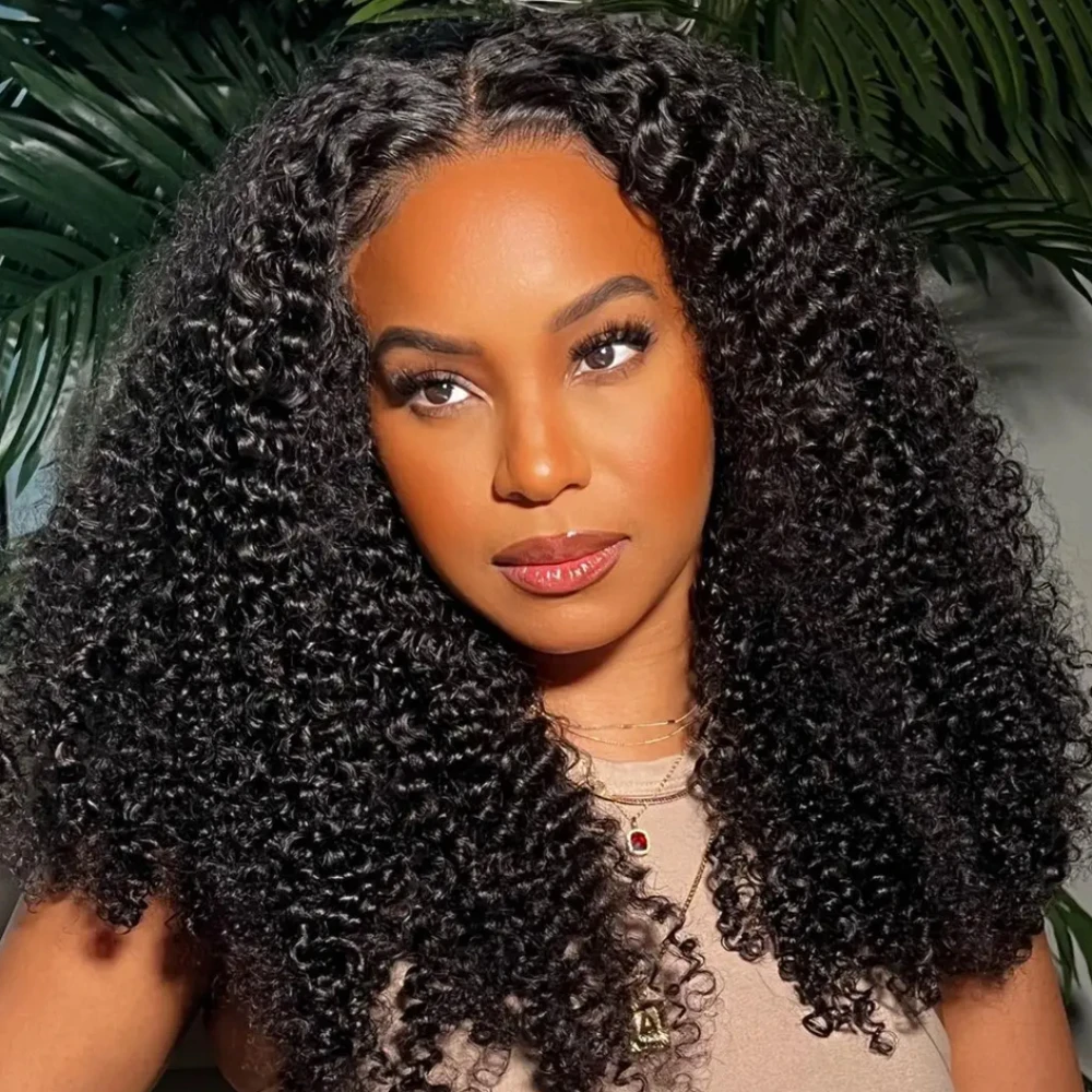 

No Glue Kinky Curly Wigs V Part 100% Human Hair 200% Density 32 Inch Upgrade Brazilian Wig Easy Install Natural Black Women Hair