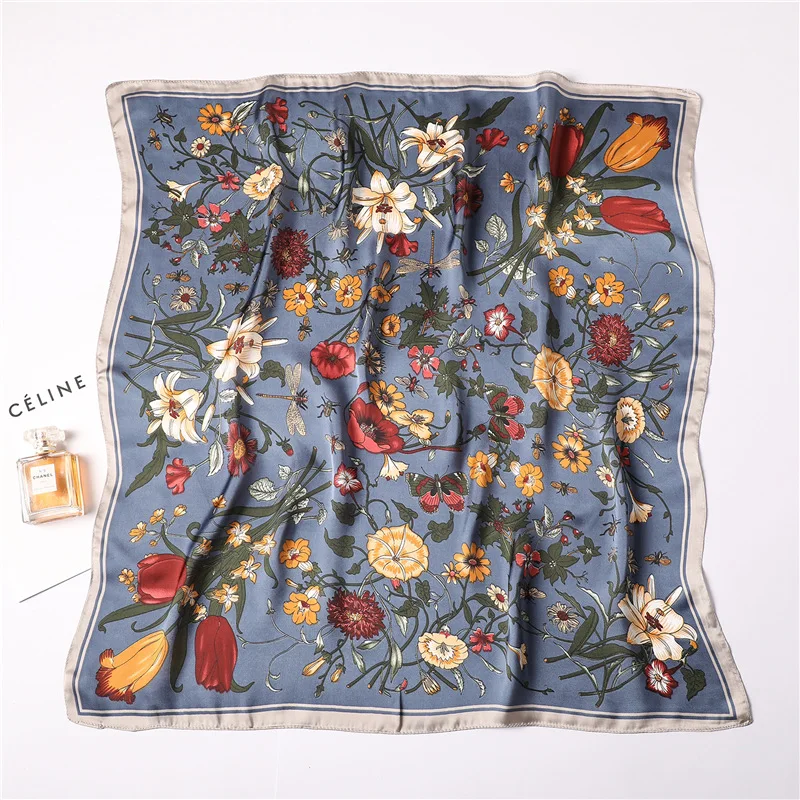 Fashion New 70cm Small Square Scarf Flower pattern Summer foulard Hair Hijab Female Headband Kerchief Luxury Neck Tie Shawl Wrap