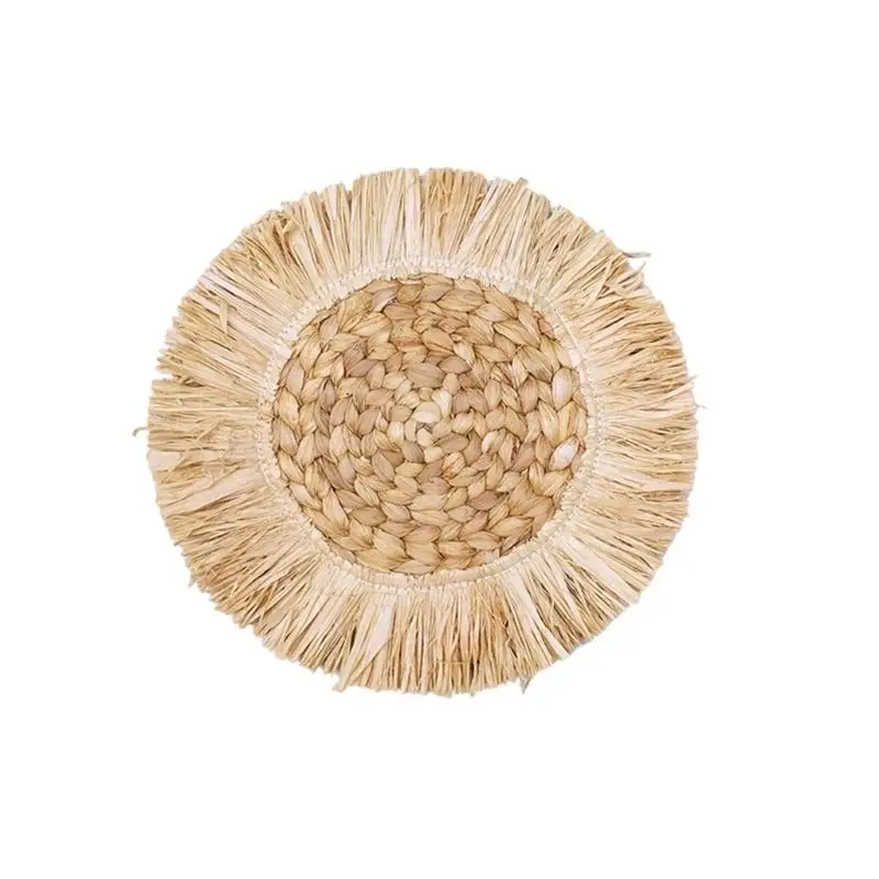 E8BD Simple Natural Grass Weave Accent Decors Delicate Grass Rattan Tassels Flower Tray  Wall Decorations for Bedroom