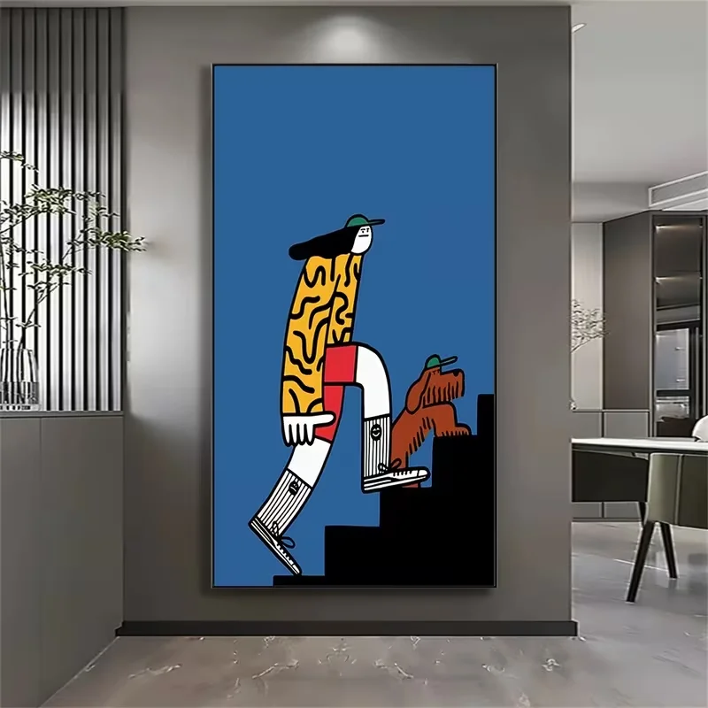 Large Frameless Vertical Abstract Art Painting - Klein Blue Minimalist Human & Dog Relationship Wall Decor, High-Quality Printed