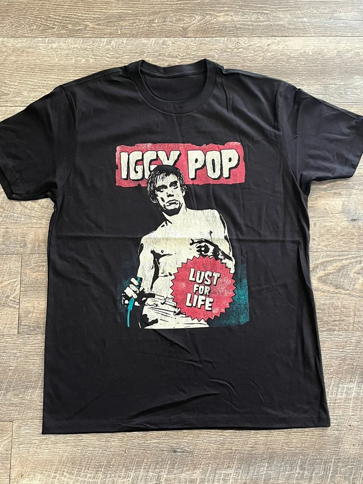 heavyweight Hot Sale vintage Summer streetwea funny Cartoon anime clothes Iggy Pop Lust For Life Black Tee Shirt Size Medium