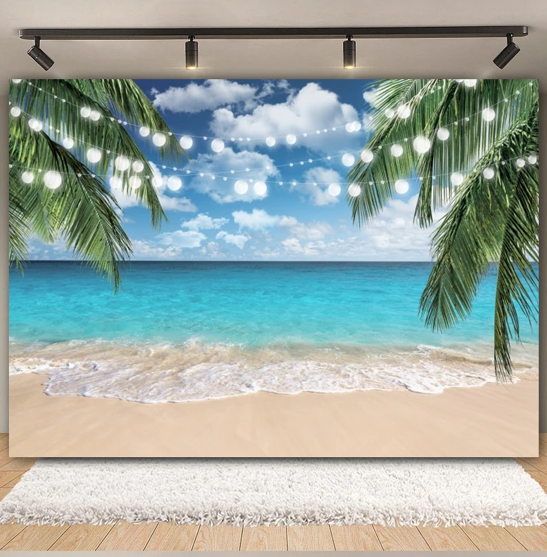 Tropical Beach Backdrop Summer Hawaii Blue Ocean Wave Seaside Palm Tree Holiday Party Baby Birthday Photography Background Decor