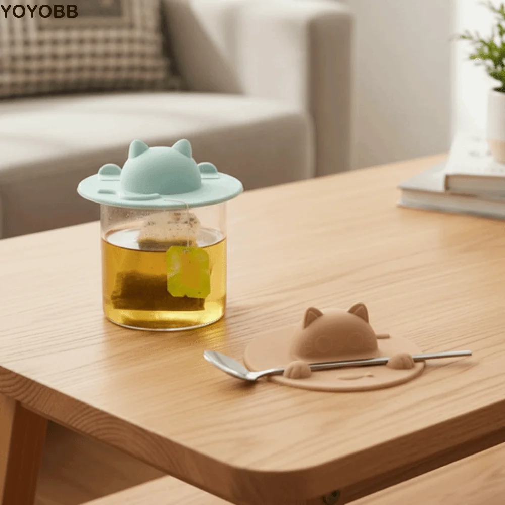 2PCS Cute Silicone Cat-shaped Water Cup Lid Reusable Dust-proof Tea Bag Holder Heat Resistant Tea Bag Mug Topper Office