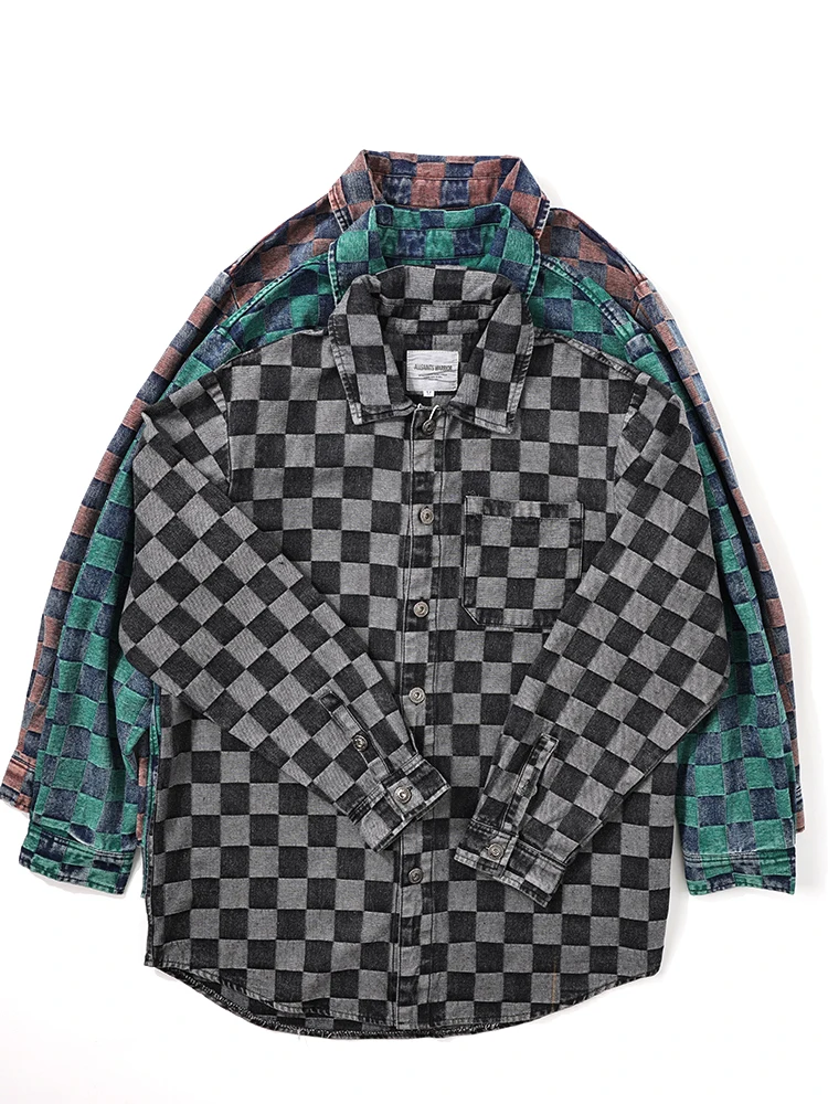 Washed Cotton Plaid Casual Shirt Loose Fit Japanese Style Checkered Denim Men's Jacket Coat Youth Trend Autumn Long Sleeve