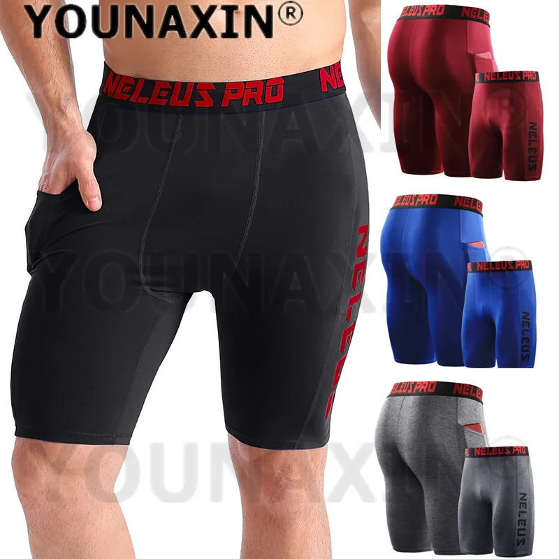 Men's Fitness Running Stretch Shorts With Pocket Quick-drying Gym Exercise Tight Leggings Boy Basketball Pant M L XL 2XL 3XL 4XL