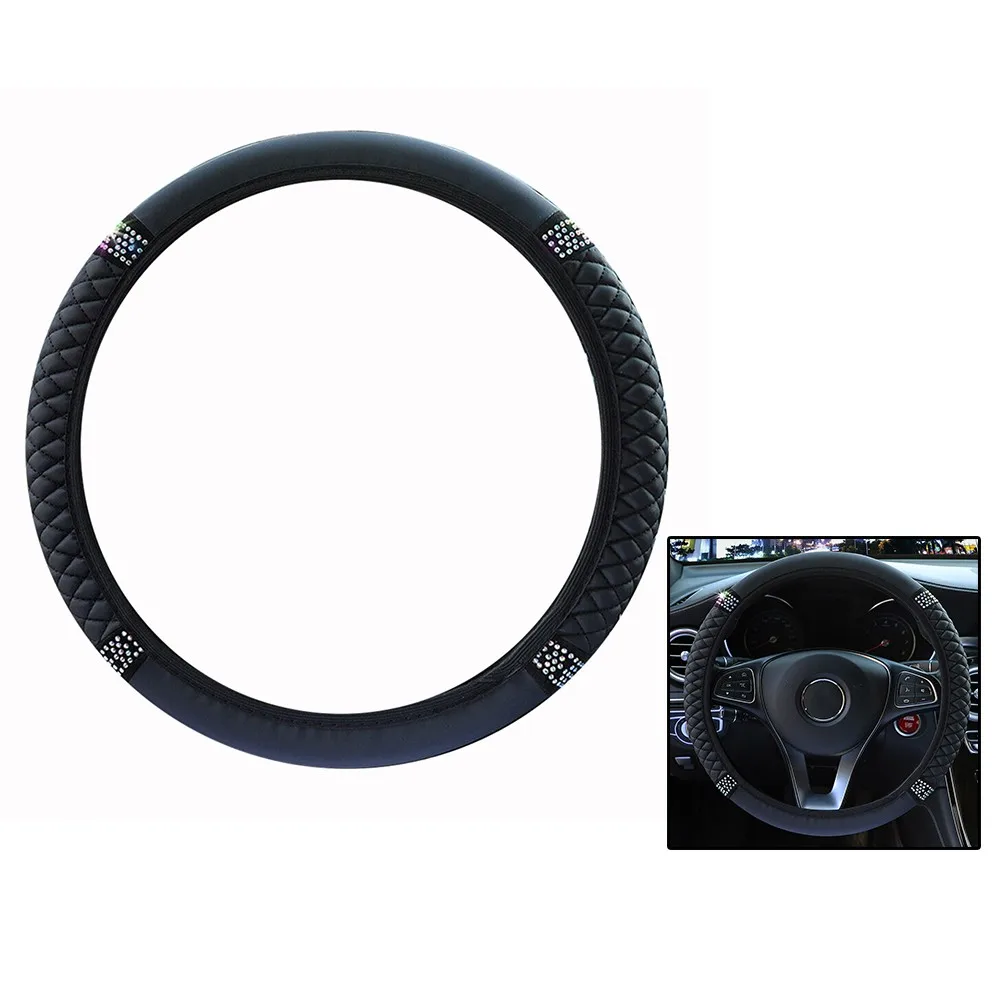 1 Set Car Steering Wheel Cover Black PU Leather Diamond Protector Fit For 15"/38cm Car Interior DIY Styling Accessories