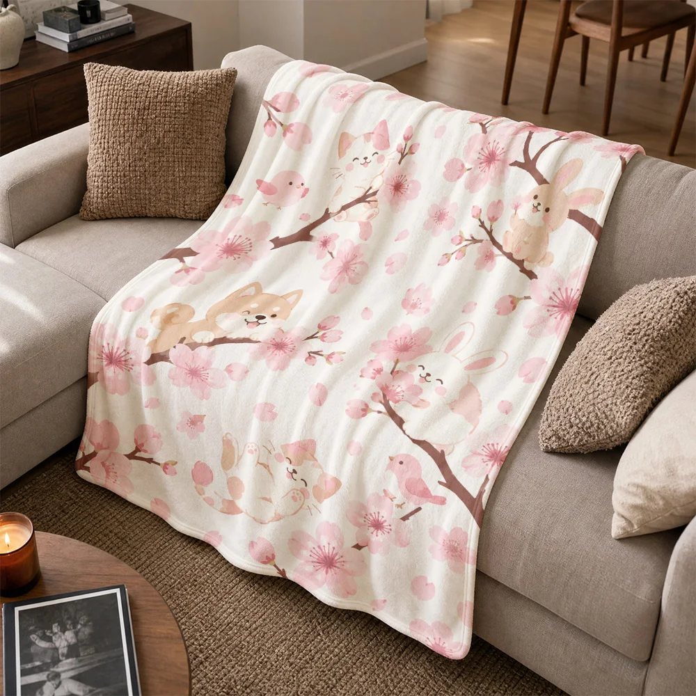 Cute Kawaii Cherry Blossom Print Throw Blanket for Sofa Couch Plush Anime Floral Pet Decor Gift Keepsake Winter Summer