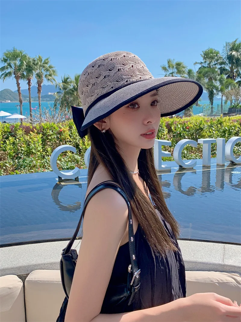 Women Ponytail Straw Sun Hat Wide Brim Visor Summer Adjustable Cap Sun Beach Foldable Hats