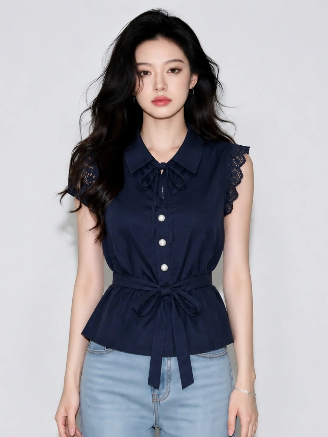 Design Sensation Lace Splice Sleeveless Vest Belted Waist Slimming Summer New Fashion Women's Top Korean Style Straight Cut