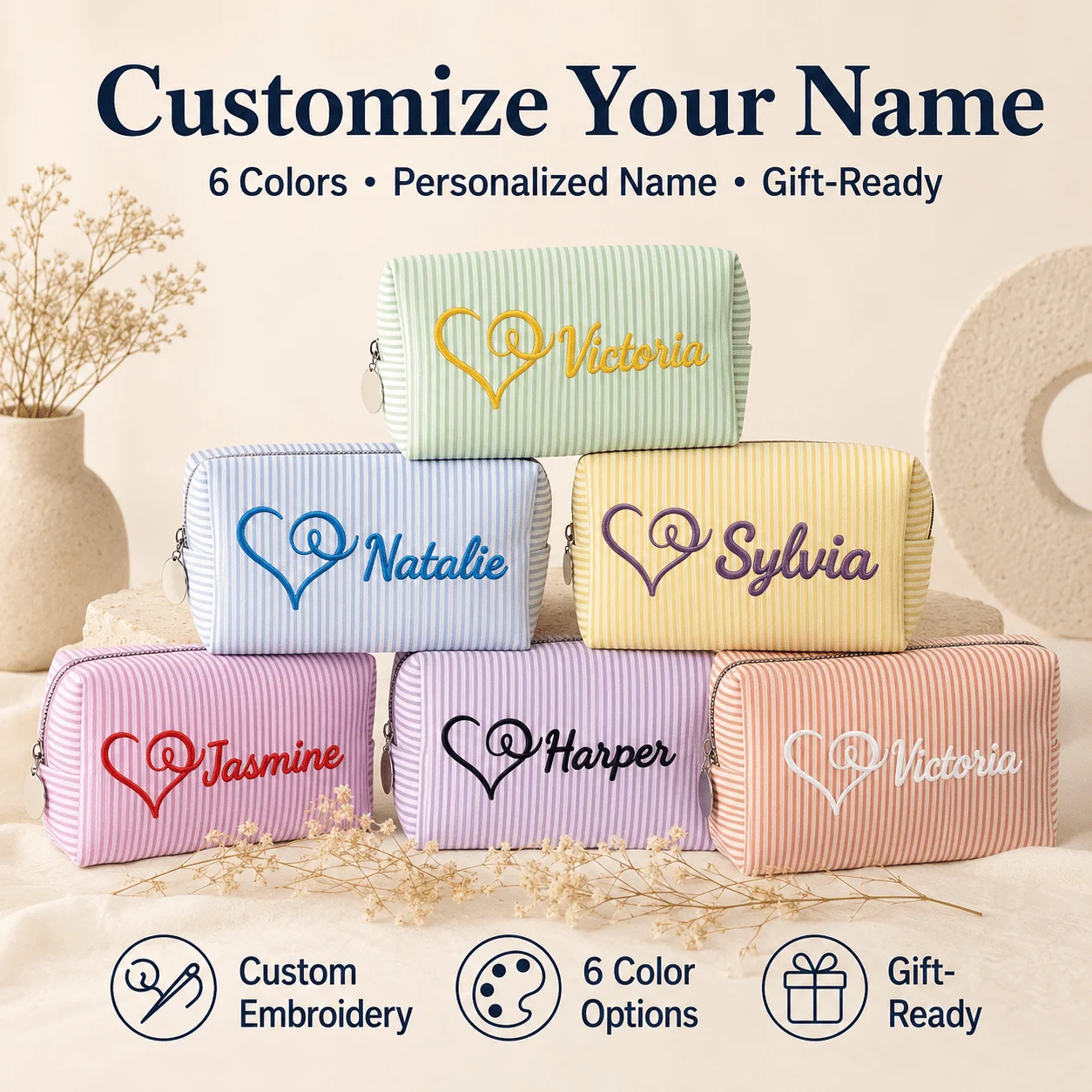 Embroidered Heart with Name Striped Cosmetic Pouch, Lightweight Spacious Storage Pouch , Keepsake for Wedding Gifting Occasions