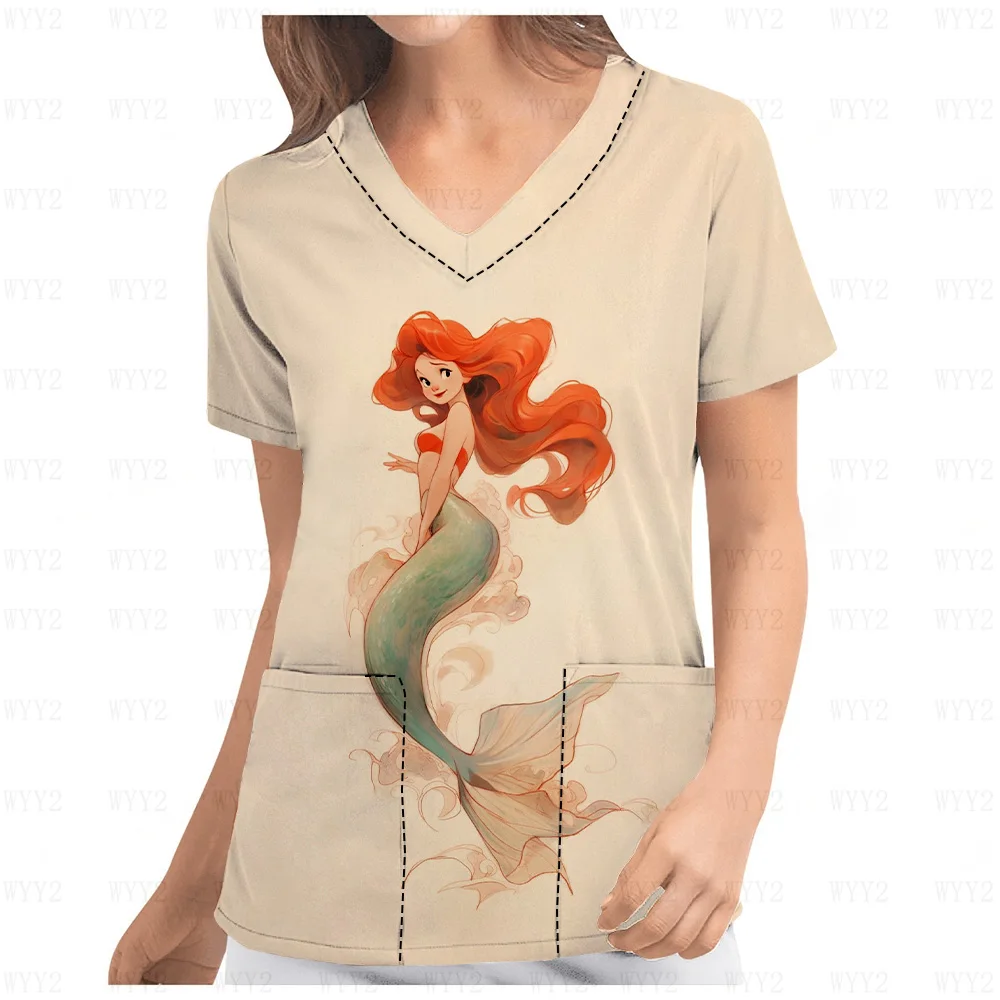 25 Summer Short Sleeve V-Neck Print Scrub Top Disney Snow White Mermaid Print Hospital Flower Shop Women's Work Uniform