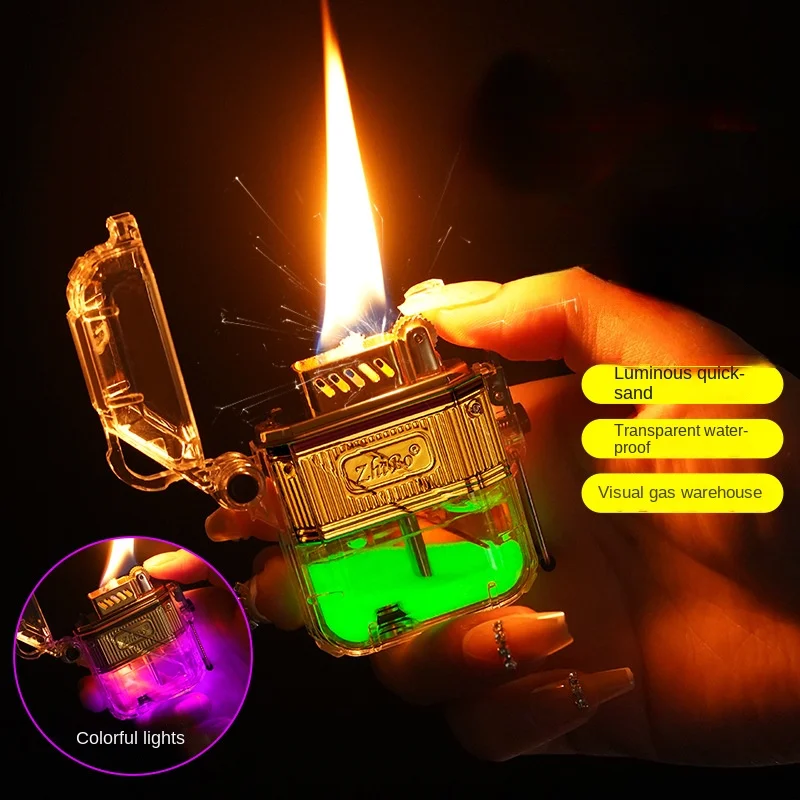 Windproof Kerosene Lighter Transparent Waterproof Unusual Oil Tank Creative Retro Flint Petroleum Lighters Smoking Accessories