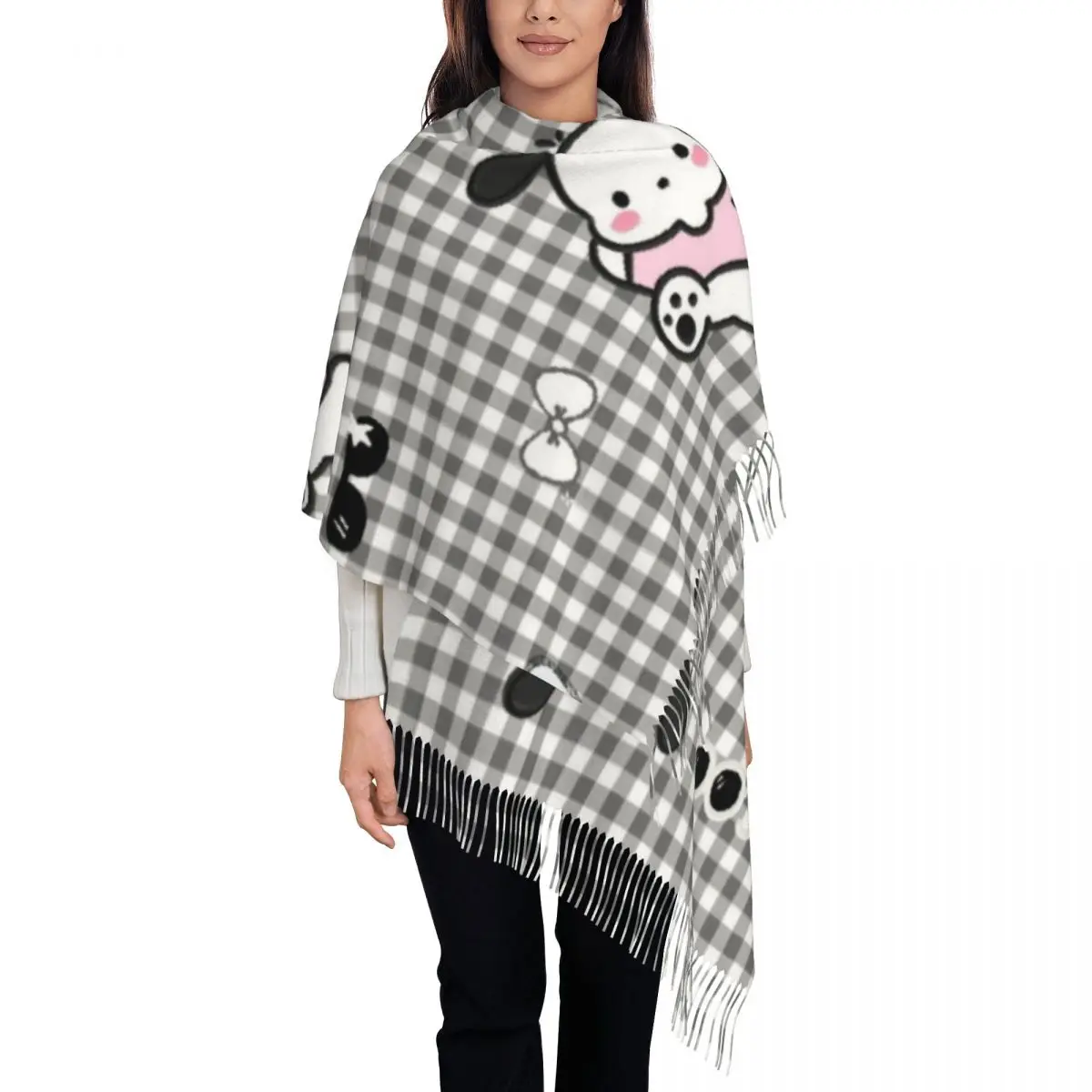 

Изготовленный на заказ шарф с героями мультфильмов Pochacco для женщин, длинные зимне-осенние теплые шаль с кисточками, шарфы унисекс