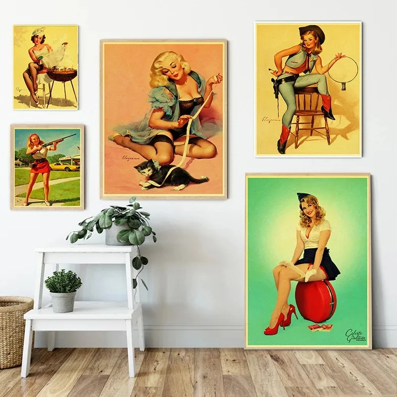 Vintege Poster New World War II Sexy Pin Up Girl Sticker Kraft Paper Posters and Prints Wall Art Picture for Living Room Cuadros