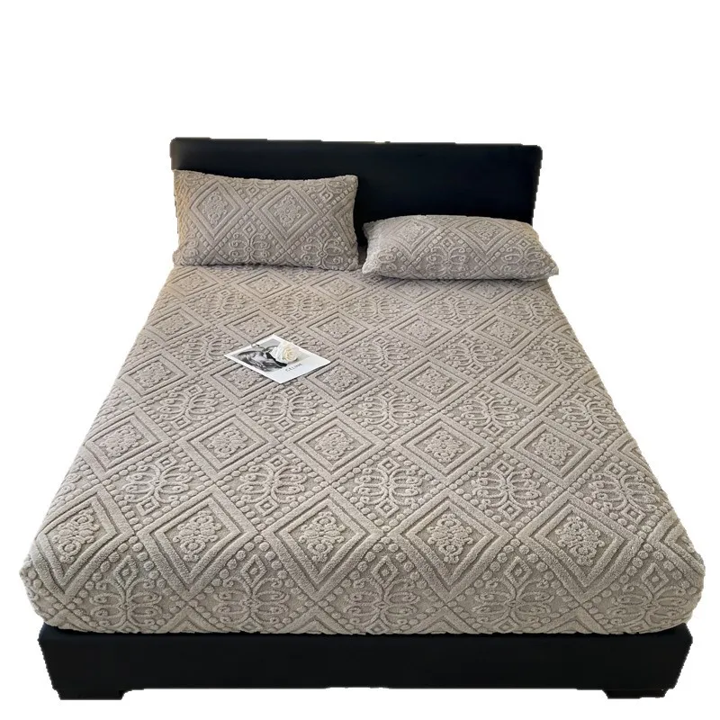 Fitted Sheet Set Milk Velvet 300GSM Twin 180x200cm 200*220cm Deep Pocket Winter Bedroom Embossed European Non-Slip