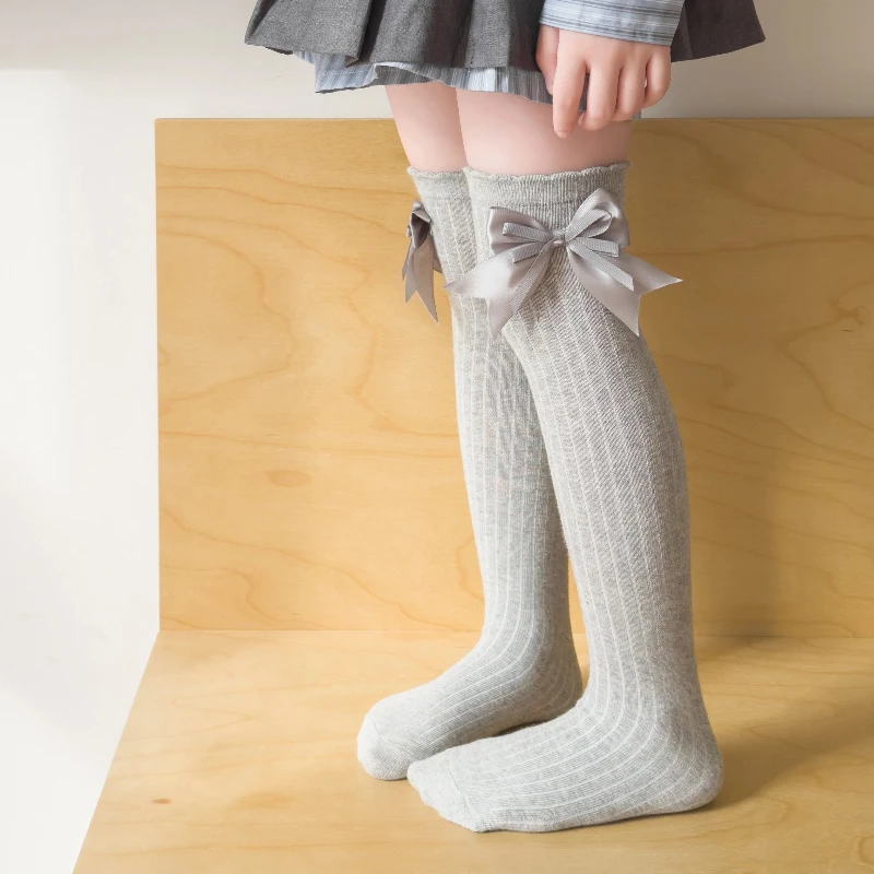 Sweet Girls Over The Knee High Socks With Ribbon Double Layer Big Bow Soft Skin Friendly Stretchy Princess Daily Wear Long Socks