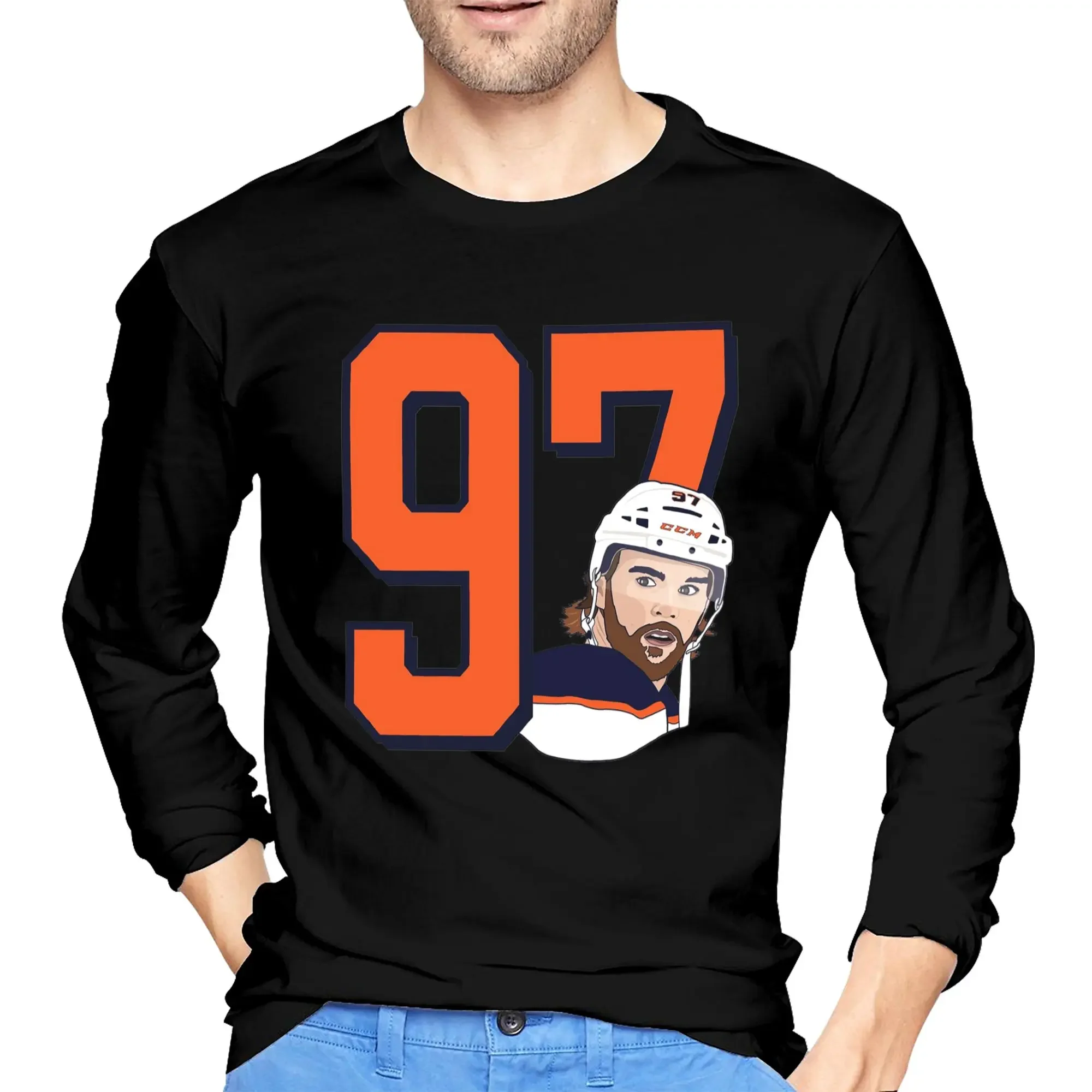 

Connor McDavid 97 for Edmonton Oilers fans Men's Long Sleeved T-shirt Fashion Round Neck T shirts Spring and Autumn Men tops