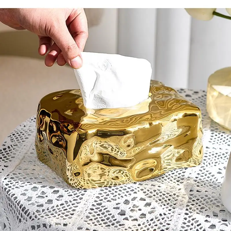 

Simple Electroplating Paper Box Desktop Storage High-end Light Luxury Home Living Room Irregular Silver Ceramic Tissue