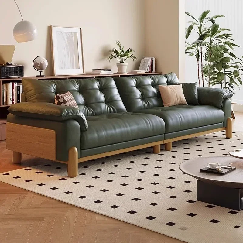 Medieval style, cloud leather sofa, oil wax leather, retro dark green in the living room, three-person leather sofa