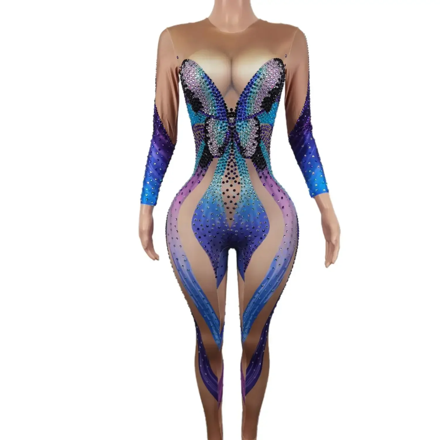 Shiny Blue Butterfly Rhinestone Bodycon Jumpsuit Showgirl Stage Costume Long Sleeves Bodycon Dance Bodysuits Women Party Rompers