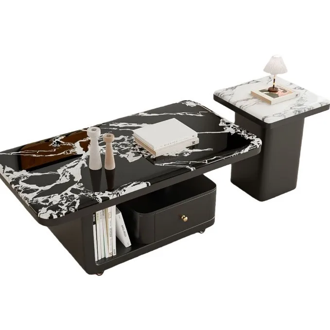 #Modern Mobile Coffee Table:  Crystal Stone-Top Coffee Table with Casters and  Drawers Living Room Furniture