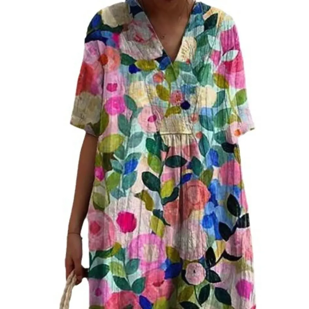 فستان نسائي طويل مريح فضفاض مطبوع على الطراز الأوروبي والأمريكي الجديد