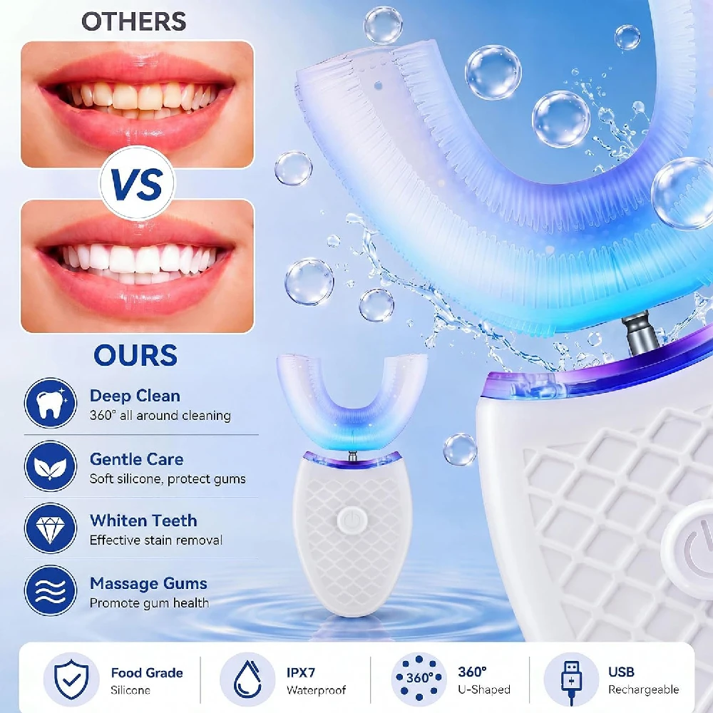 1PCS U Shaped Automatic Toothbrushes Ultrasonic Toothbrush, 360 Degree Ultrasonic Electric Toothbrush,4 Modes,360°Mouth Cleaning
