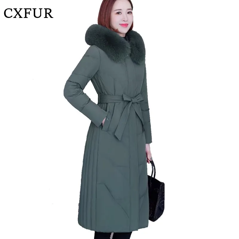 

New Arrival Women Warm Outfits 90% White Down Long Coat with Real Fox Fur Hood CX-G-D-32A