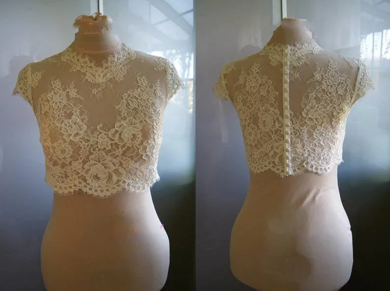 

2022 White/Ivory Wedding Jackets Lace Top Cap Sleeve Bridal Bolero Scoop Neck Custom Buttons Back