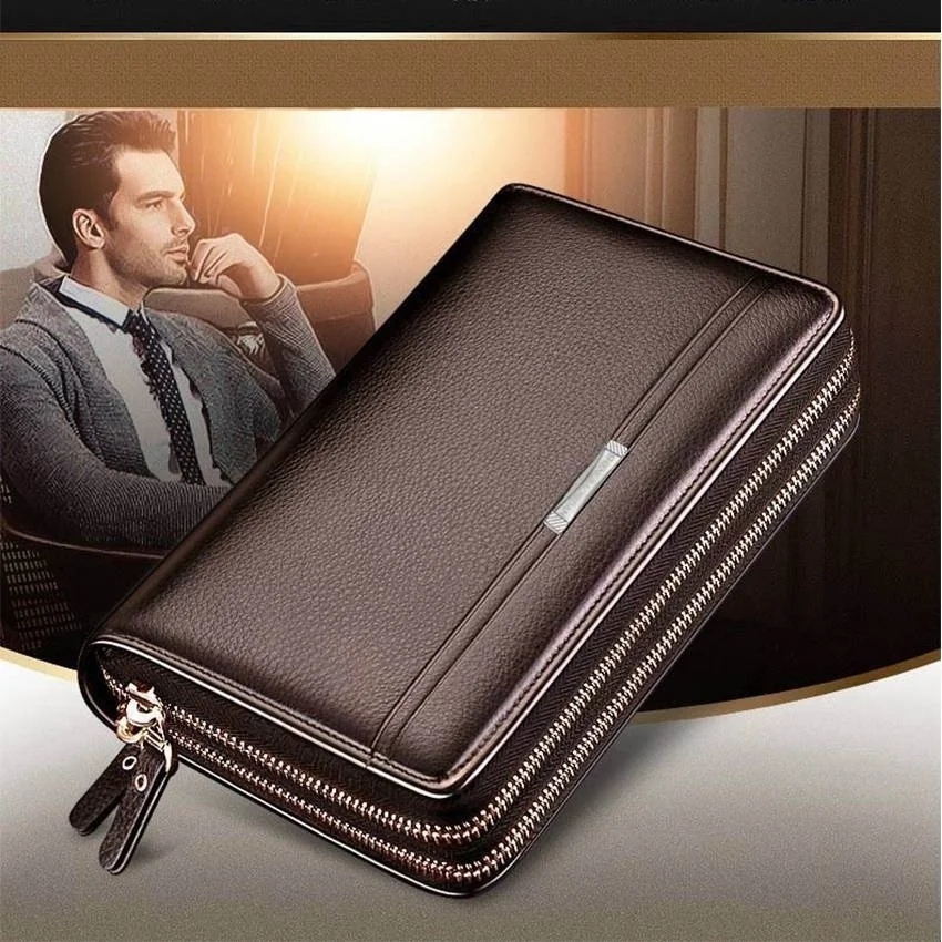 Fashion Business Men's PU Leather Wallets Handbag Multifunctional Bank/ID Card Holder Wallet Double Zippers Large Bag
