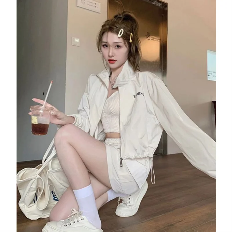 Women Long Sleeve Sun Protection Crop Shirt Skirt Casual Short Style Bottom Two Piece Set Loose Sports Elastic Waist Mini Skirt